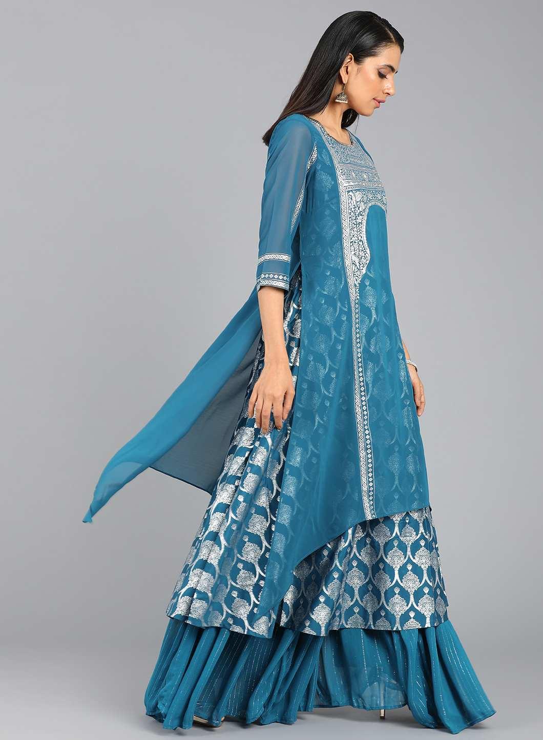 Blue Round Neck Layered Printed kurta - wforwoman