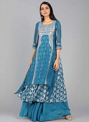 Blue Round Neck Layered Printed kurta - wforwoman