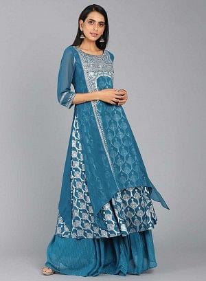 Blue Round Neck Layered Printed kurta - wforwoman