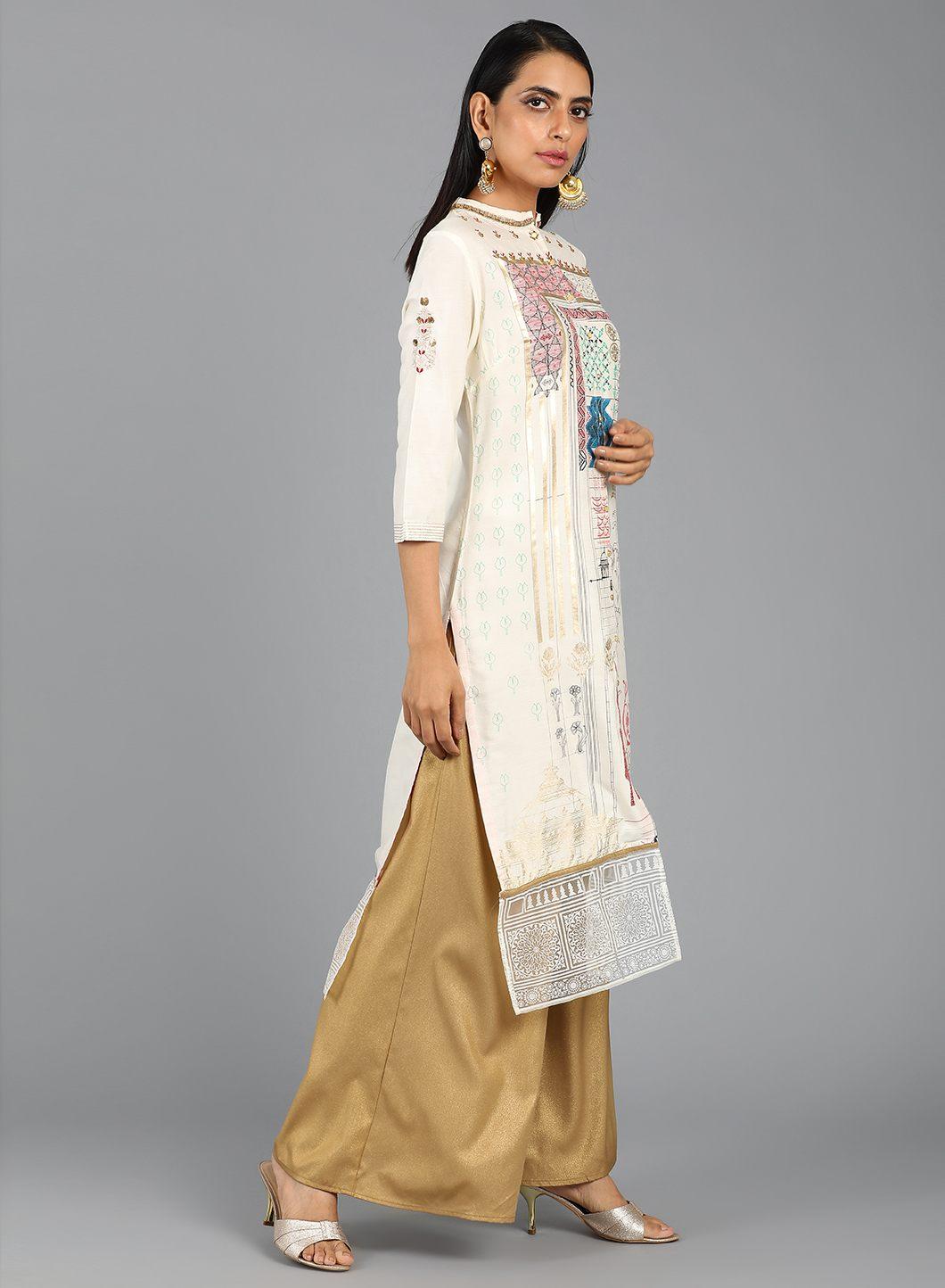 Ecru Mandarin Neck Printed kurta - wforwoman