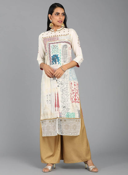 Ecru Mandarin Neck Printed kurta - wforwoman