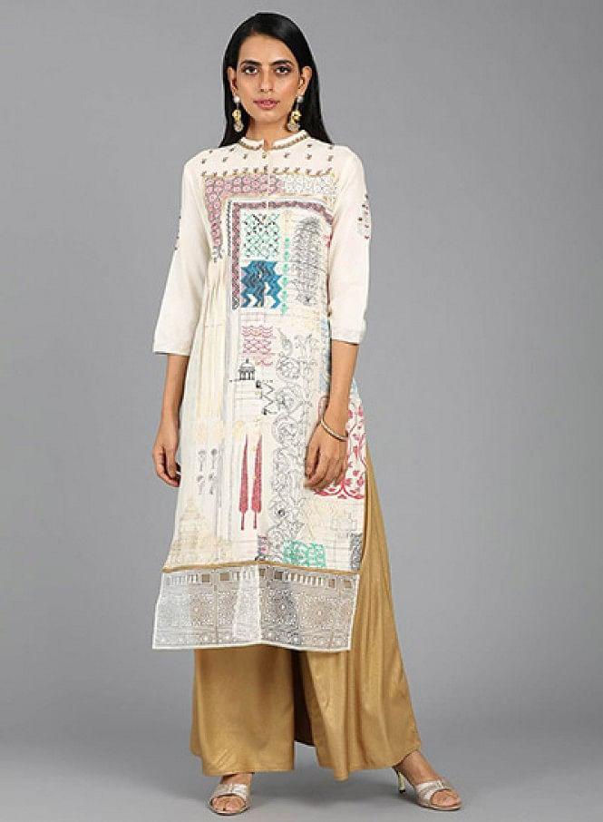 Ecru Mandarin Neck Printed kurta - wforwoman