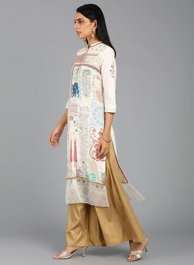 Ecru Mandarin Neck Printed kurta - wforwoman