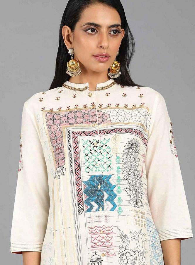 Ecru Mandarin Neck Printed kurta - wforwoman