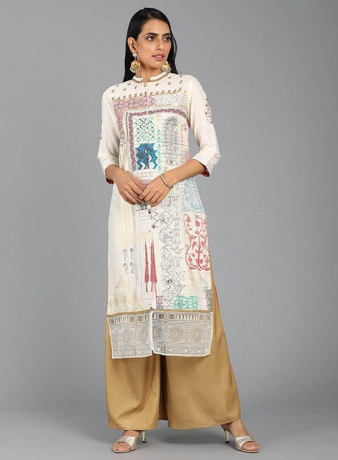 Ecru Mandarin Neck Printed kurta - wforwoman