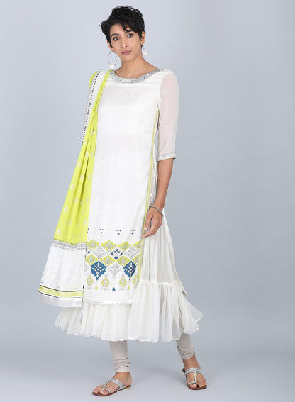 Ecru Round Neck Flared kurta - wforwoman