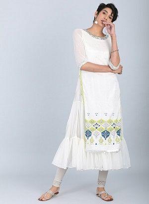 Ecru Round Neck Flared kurta - wforwoman