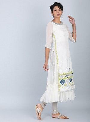 Ecru Round Neck Flared kurta - wforwoman