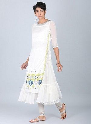 Ecru Round Neck Flared kurta - wforwoman