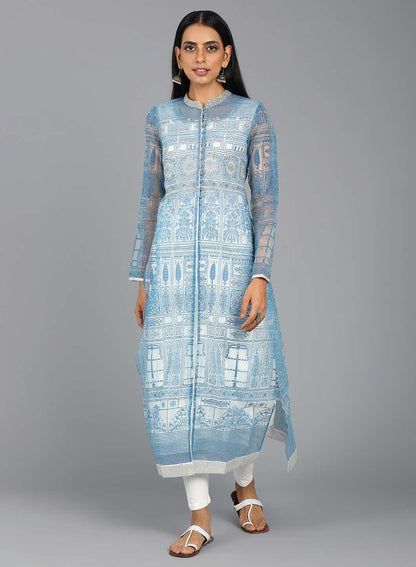 Blue Mandarin Neck Printed kurta - wforwoman