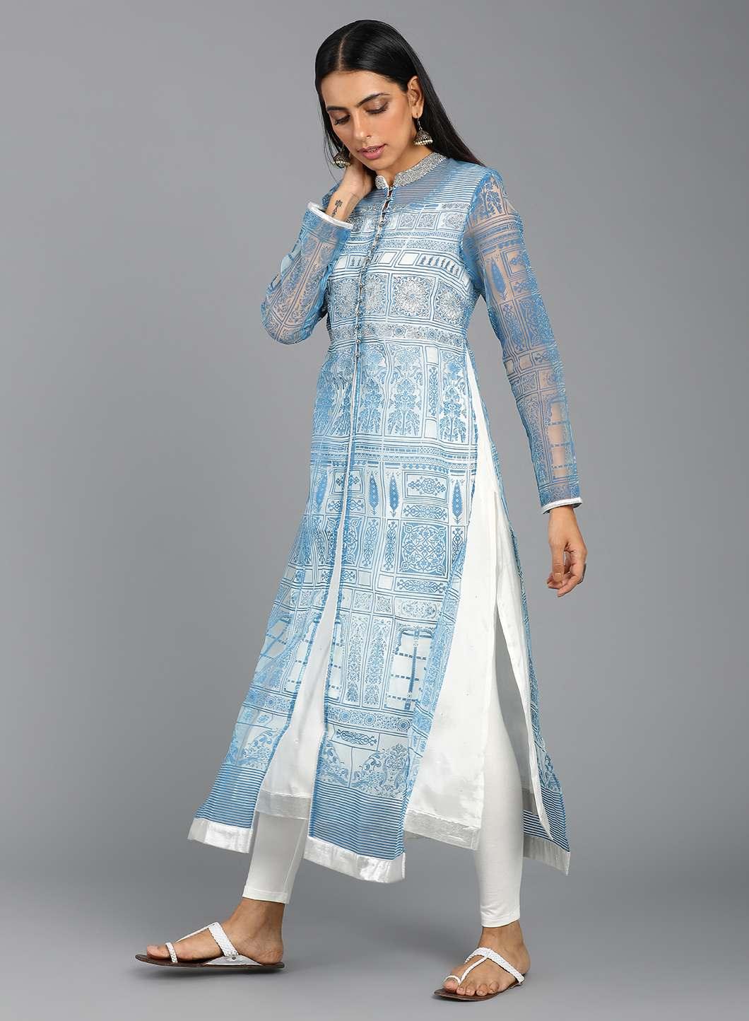 Blue Mandarin Neck Printed kurta - wforwoman