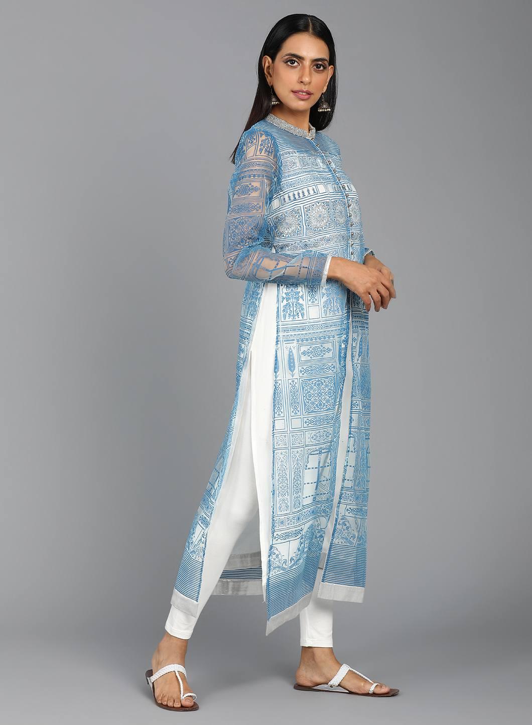 Blue Mandarin Neck Printed kurta - wforwoman