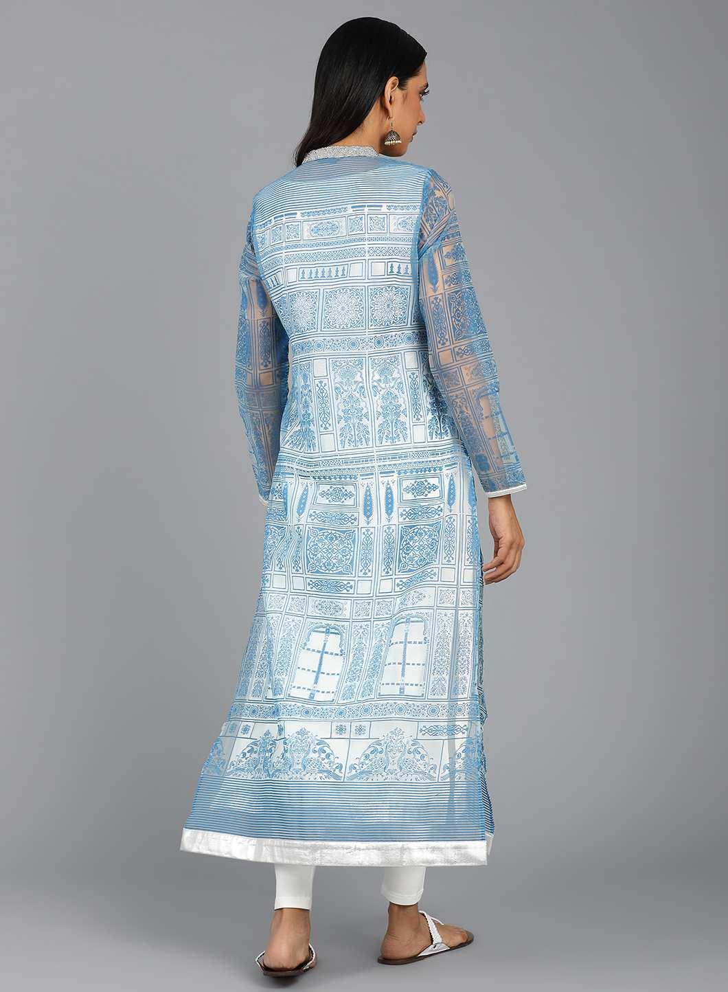 Blue Mandarin Neck Printed kurta - wforwoman