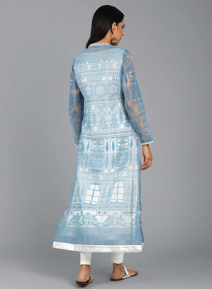 Blue Mandarin Neck Printed kurta - wforwoman