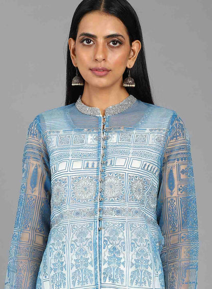 Blue Mandarin Neck Printed kurta - wforwoman