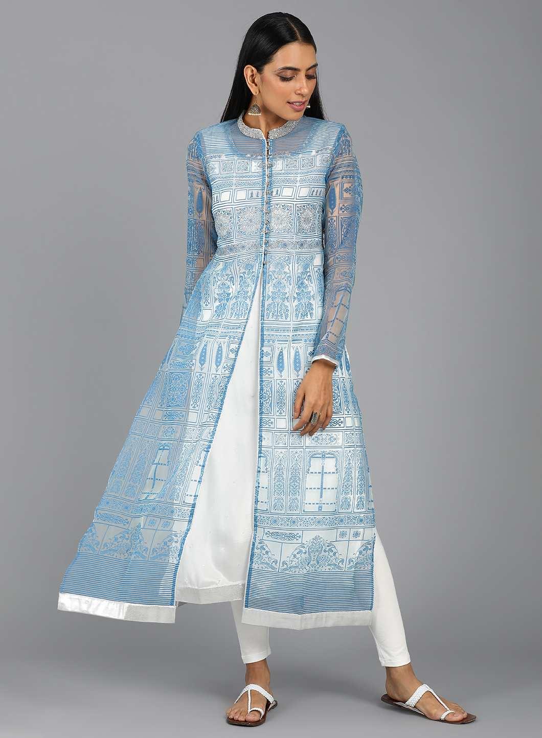 Blue Mandarin Neck Printed kurta - wforwoman