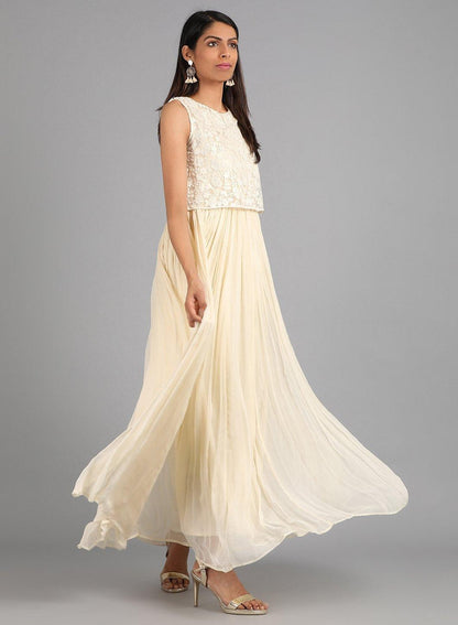 Off-White Round Neck Embellished kurta Dress - wforwoman