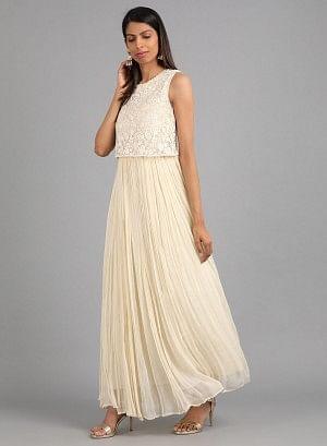 Off-White Round Neck Embellished kurta Dress - wforwoman