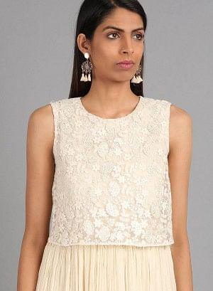 Off-White Round Neck Embellished kurta Dress - wforwoman