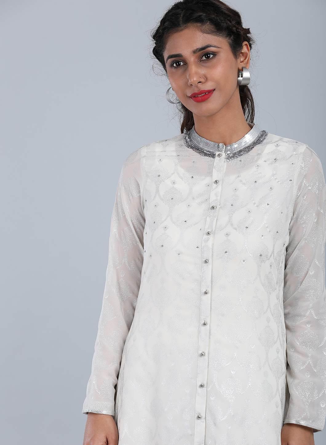 Ecru Mandarin Neck Printed kurta - wforwoman