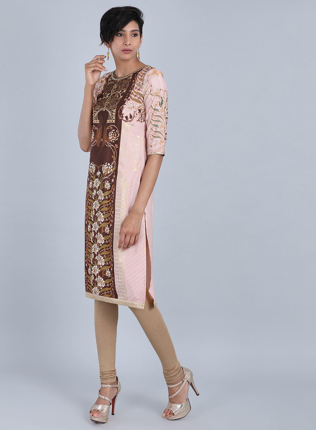 Peach Round Neck Printed kurta - wforwoman