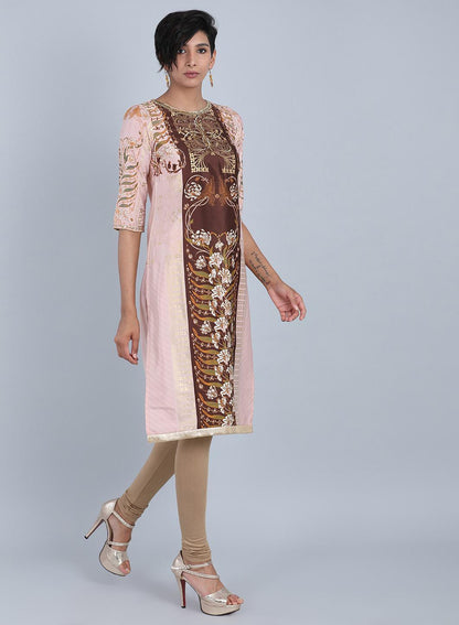 Peach Round Neck Printed kurta - wforwoman