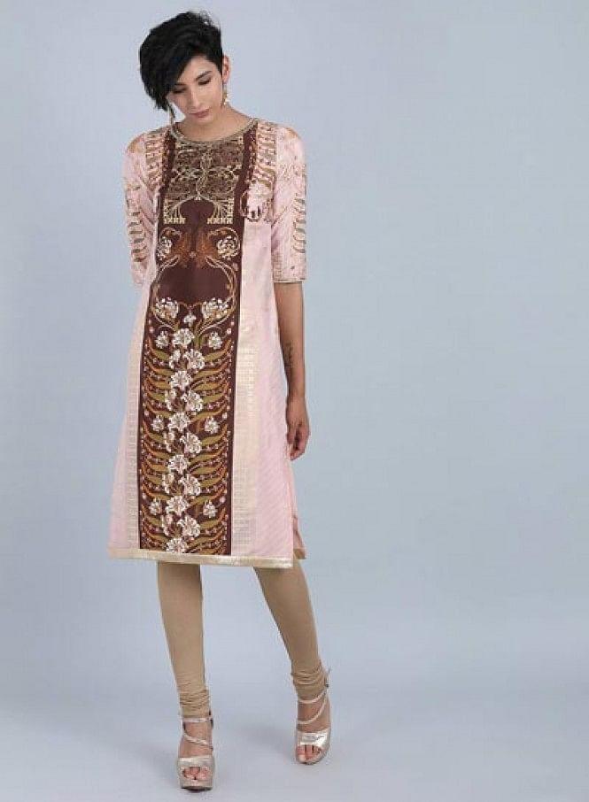 Peach Round Neck Printed kurta - wforwoman