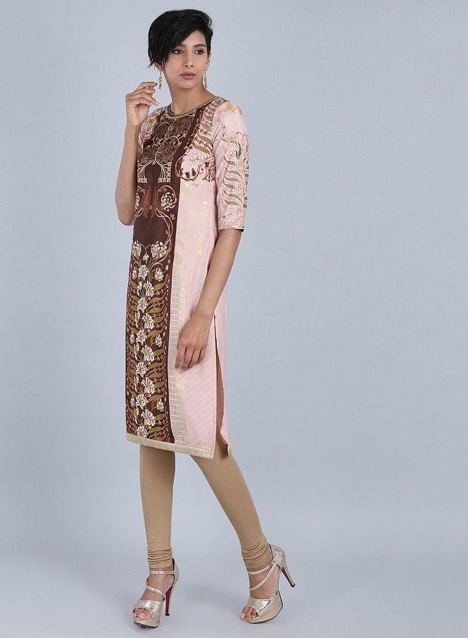 Peach Round Neck Printed kurta - wforwoman