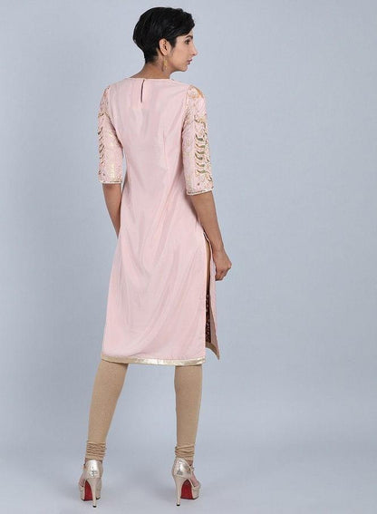 Peach Round Neck Printed kurta - wforwoman