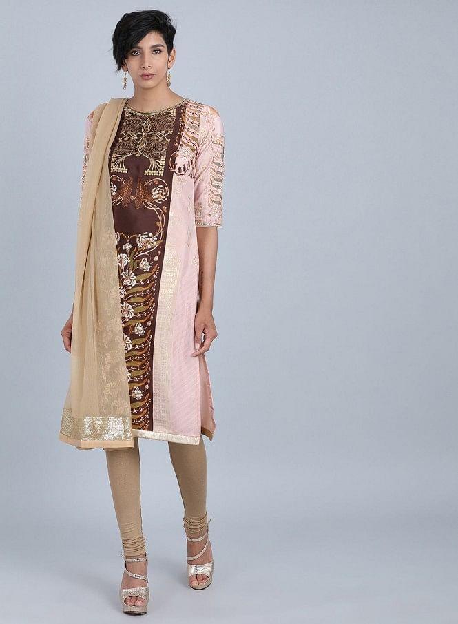 Peach Round Neck Printed kurta - wforwoman