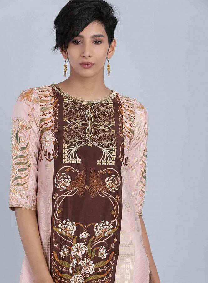 Peach Round Neck Printed kurta - wforwoman