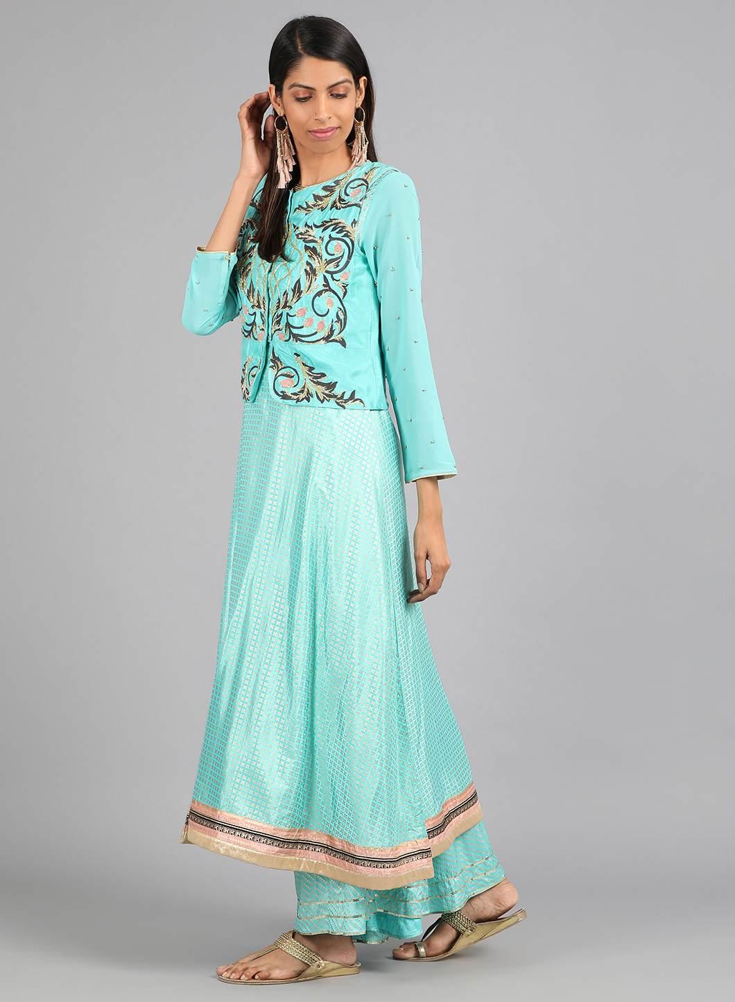 Blue Round Neck Embellished kurta - wforwoman