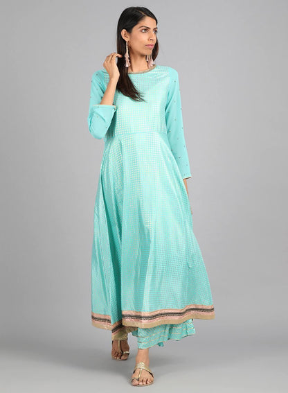 Blue Round Neck Embellished kurta - wforwoman