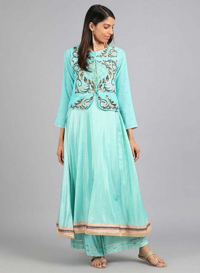 Blue Round Neck Embellished kurta - wforwoman