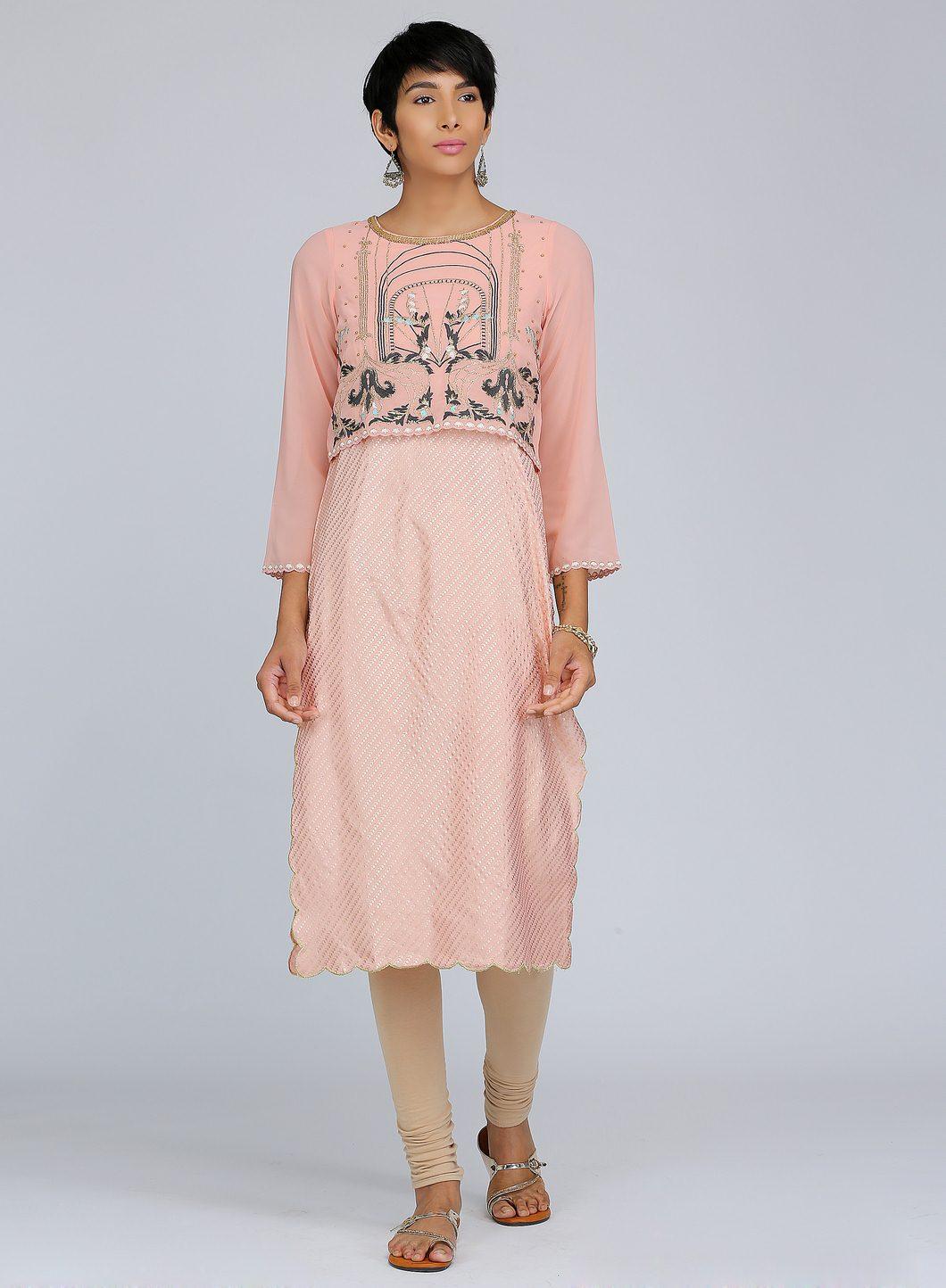 Peach Round Neck Printed kurta - wforwoman