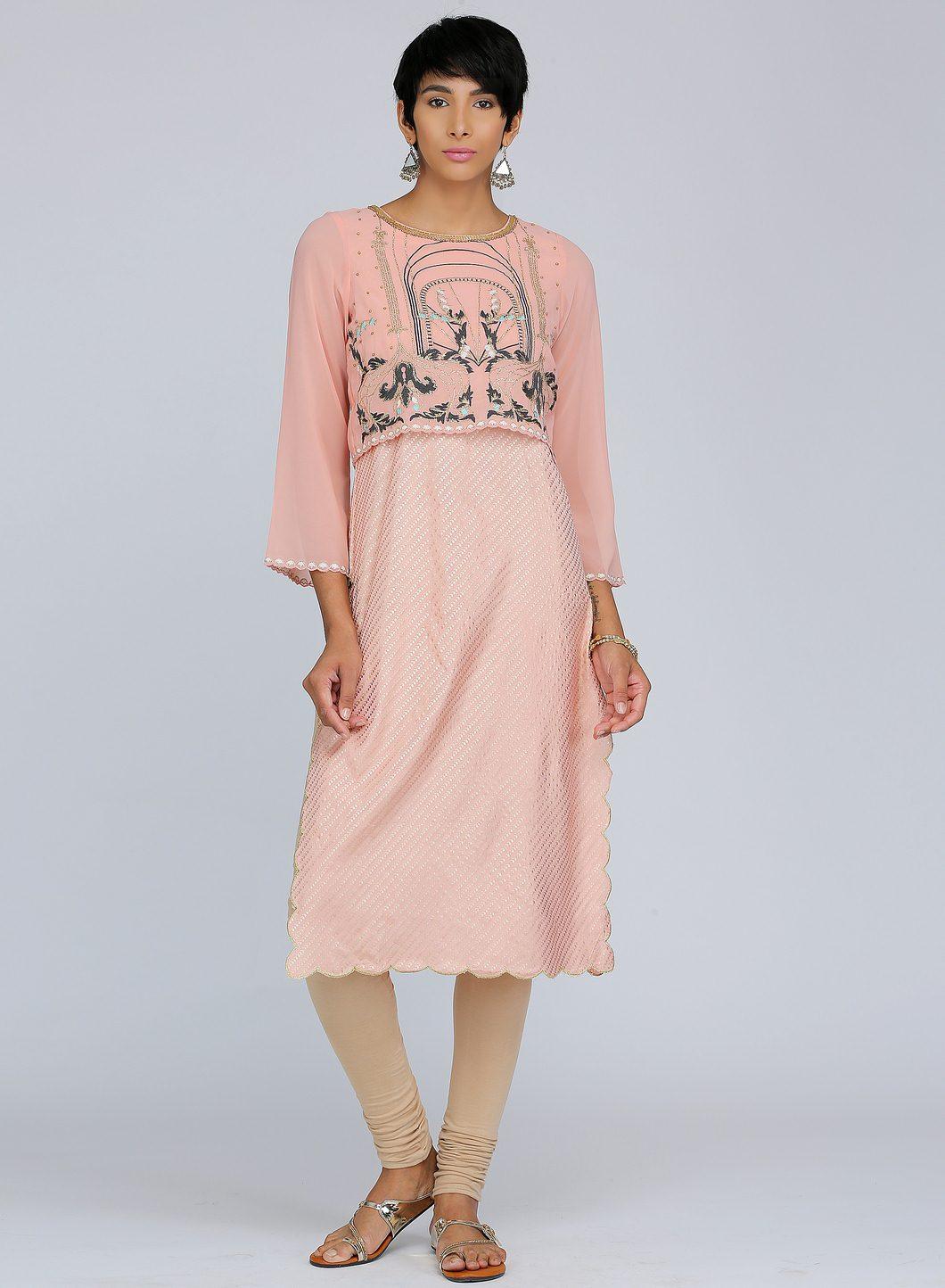 Peach Round Neck Printed kurta - wforwoman