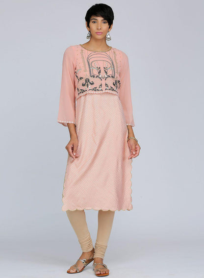 Peach Round Neck Printed kurta - wforwoman