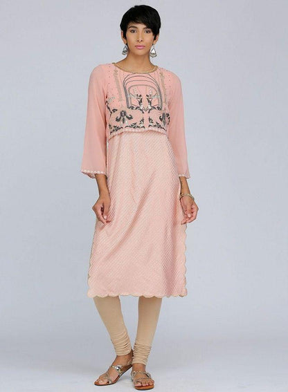 Peach Round Neck Printed kurta - wforwoman