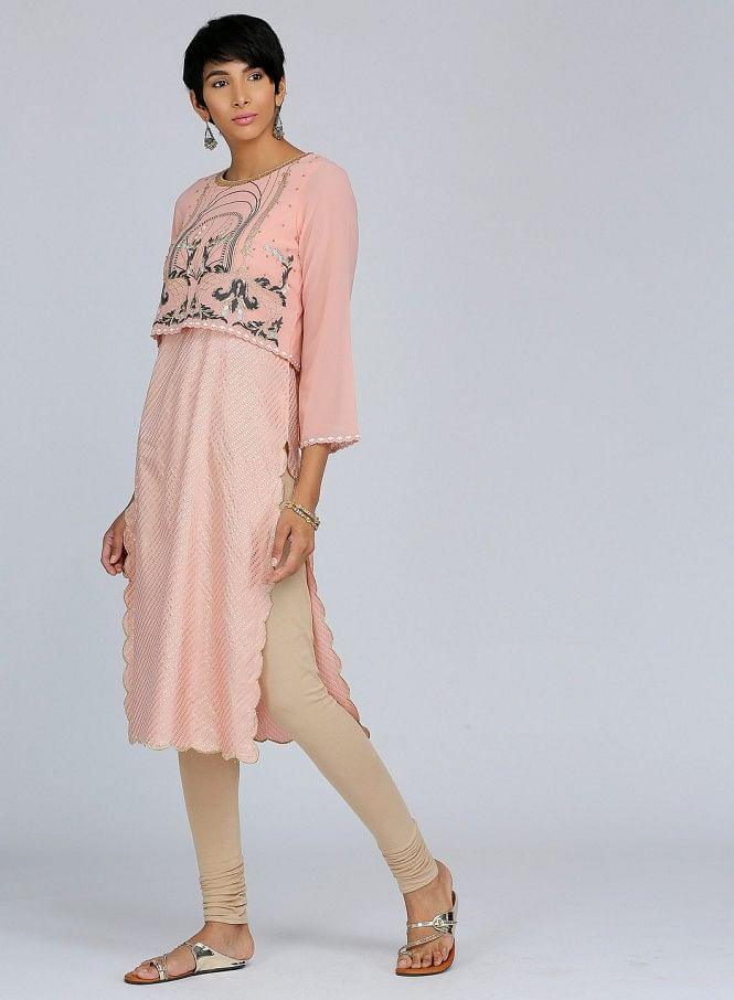 Peach Round Neck Printed kurta - wforwoman