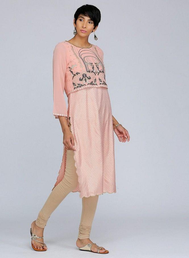 Peach Round Neck Printed kurta - wforwoman