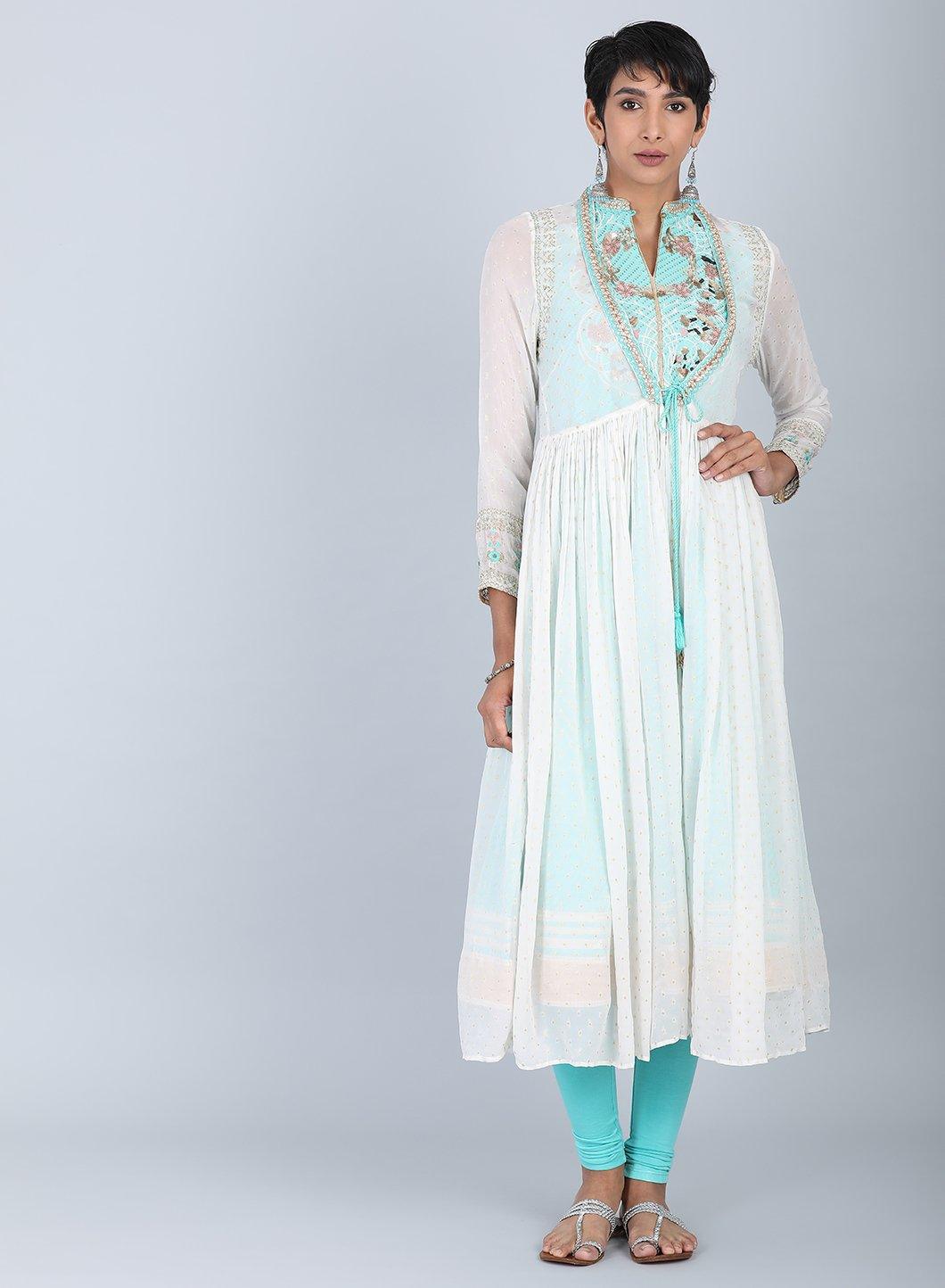 Ecru &amp; Blue Mandarin Neck Tie-Up kurta - wforwoman