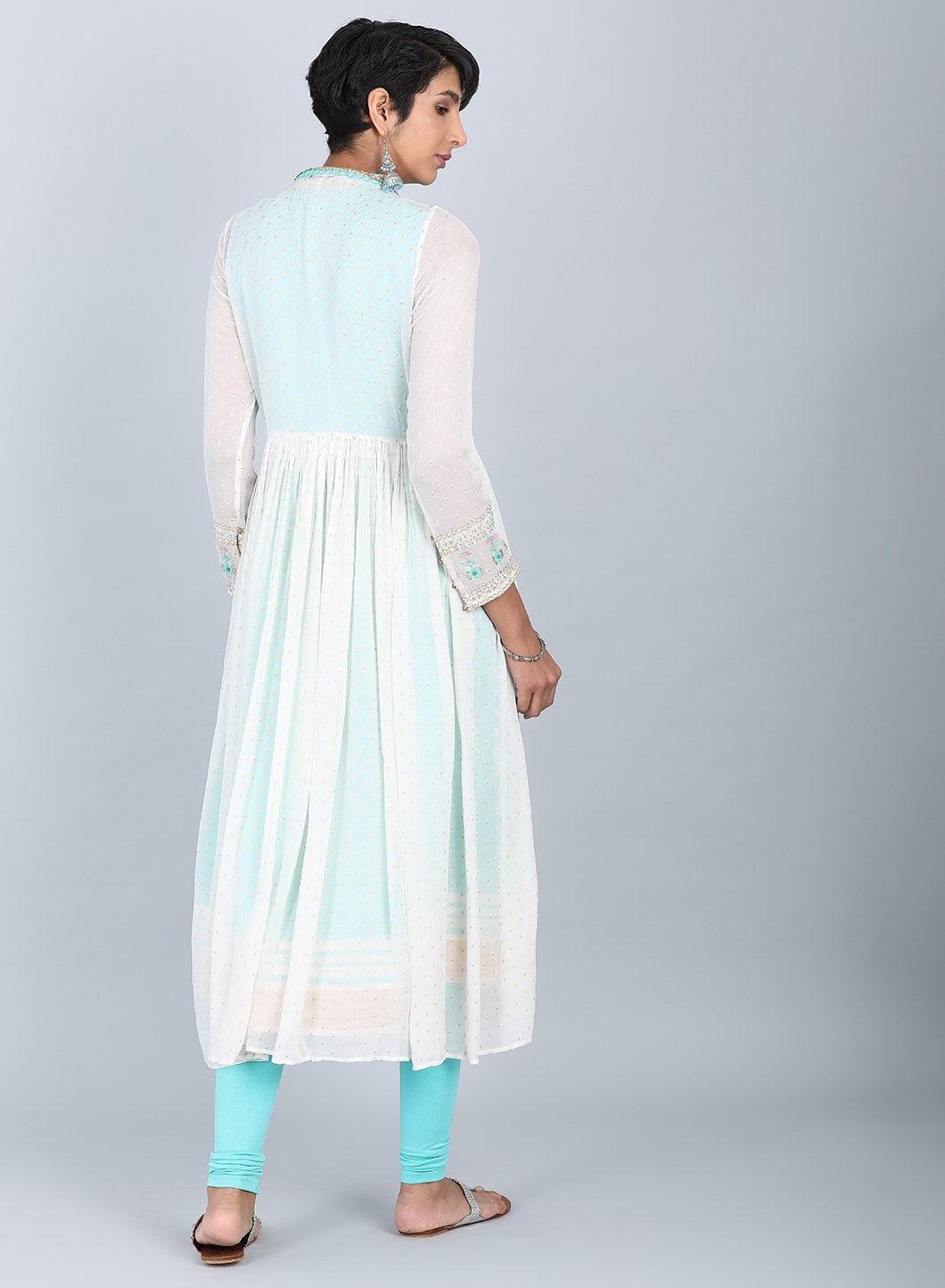 Ecru &amp; Blue Mandarin Neck Tie-Up kurta - wforwoman