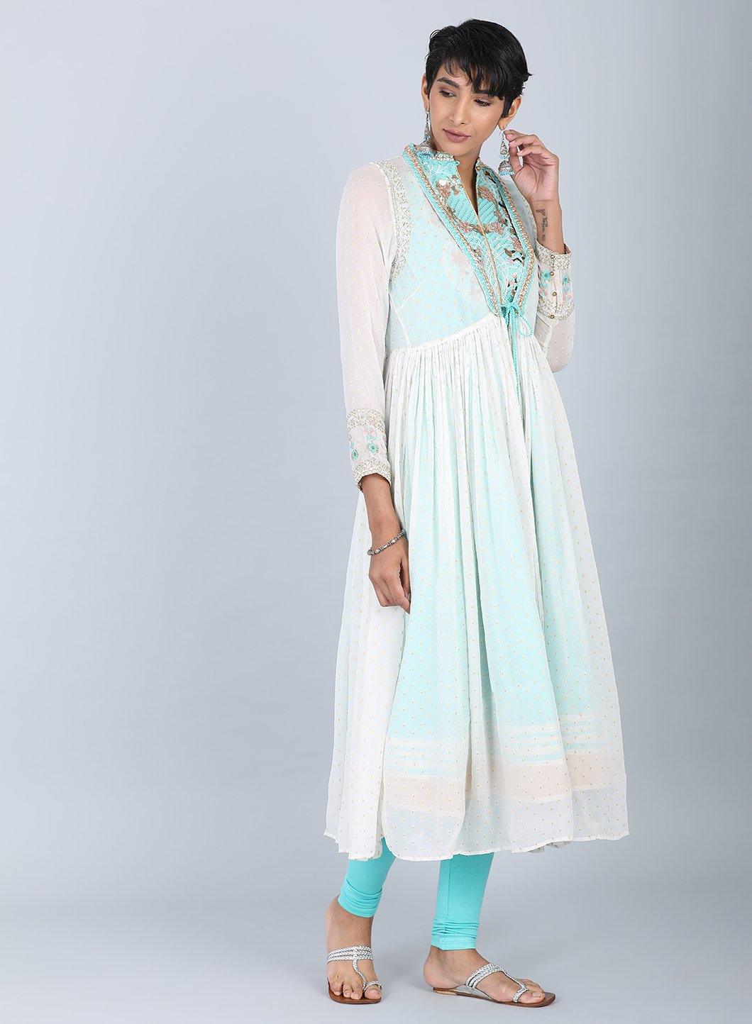 Ecru &amp; Blue Mandarin Neck Tie-Up kurta - wforwoman