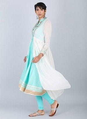 Ecru &amp; Blue Mandarin Neck Tie-Up kurta - wforwoman