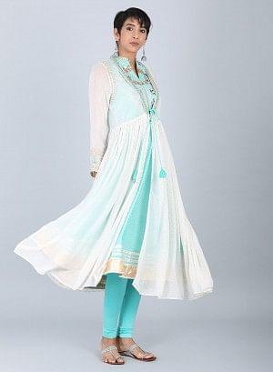 Ecru &amp; Blue Mandarin Neck Tie-Up kurta - wforwoman