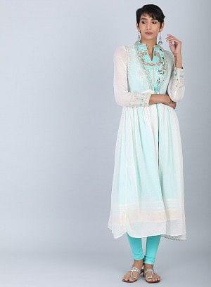 Ecru &amp; Blue Mandarin Neck Tie-Up kurta - wforwoman