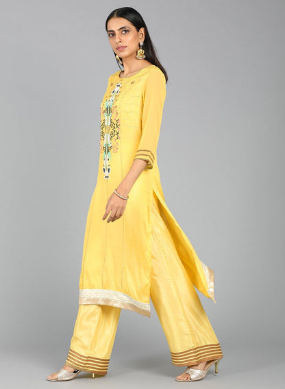 Yellow Round Neck Printed kurta - wforwoman