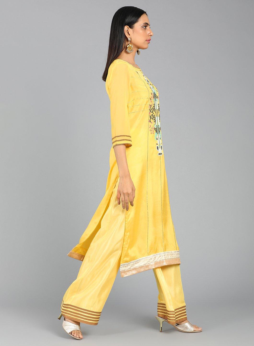 Yellow Round Neck Printed kurta - wforwoman