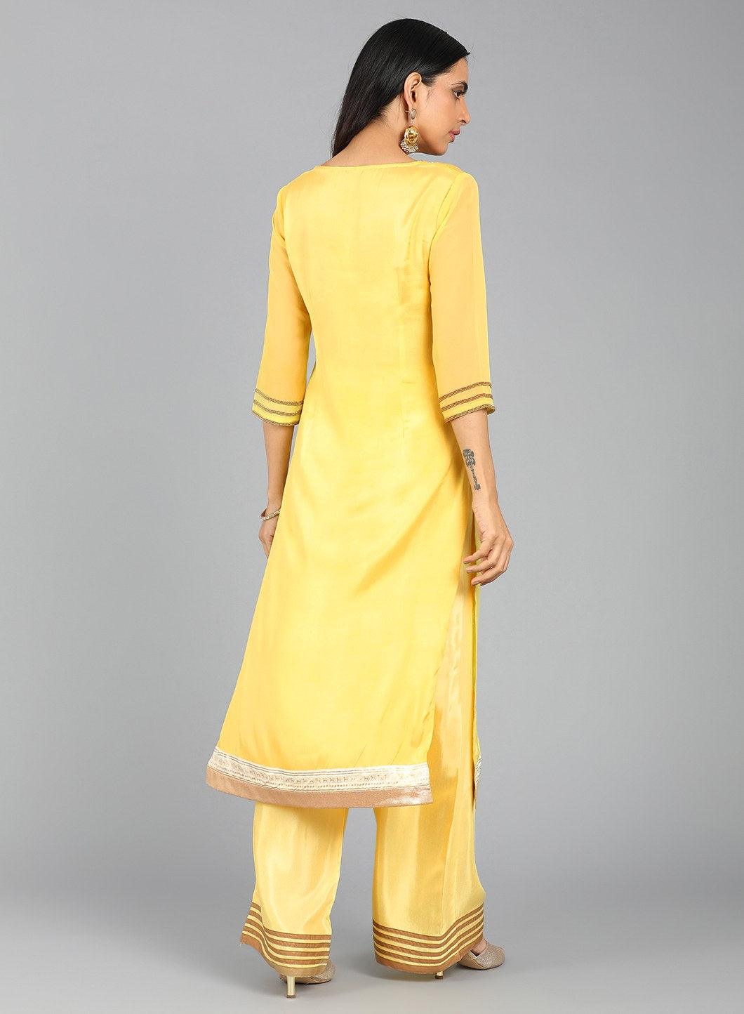 Yellow Round Neck Printed kurta - wforwoman