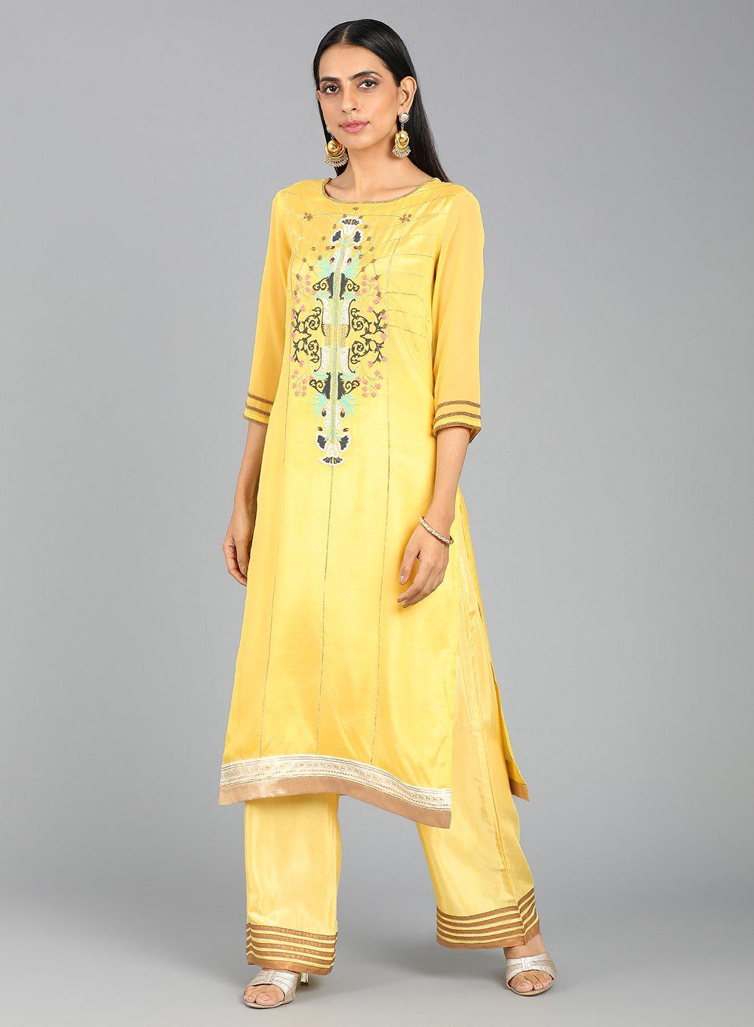 Yellow Round Neck Printed kurta - wforwoman